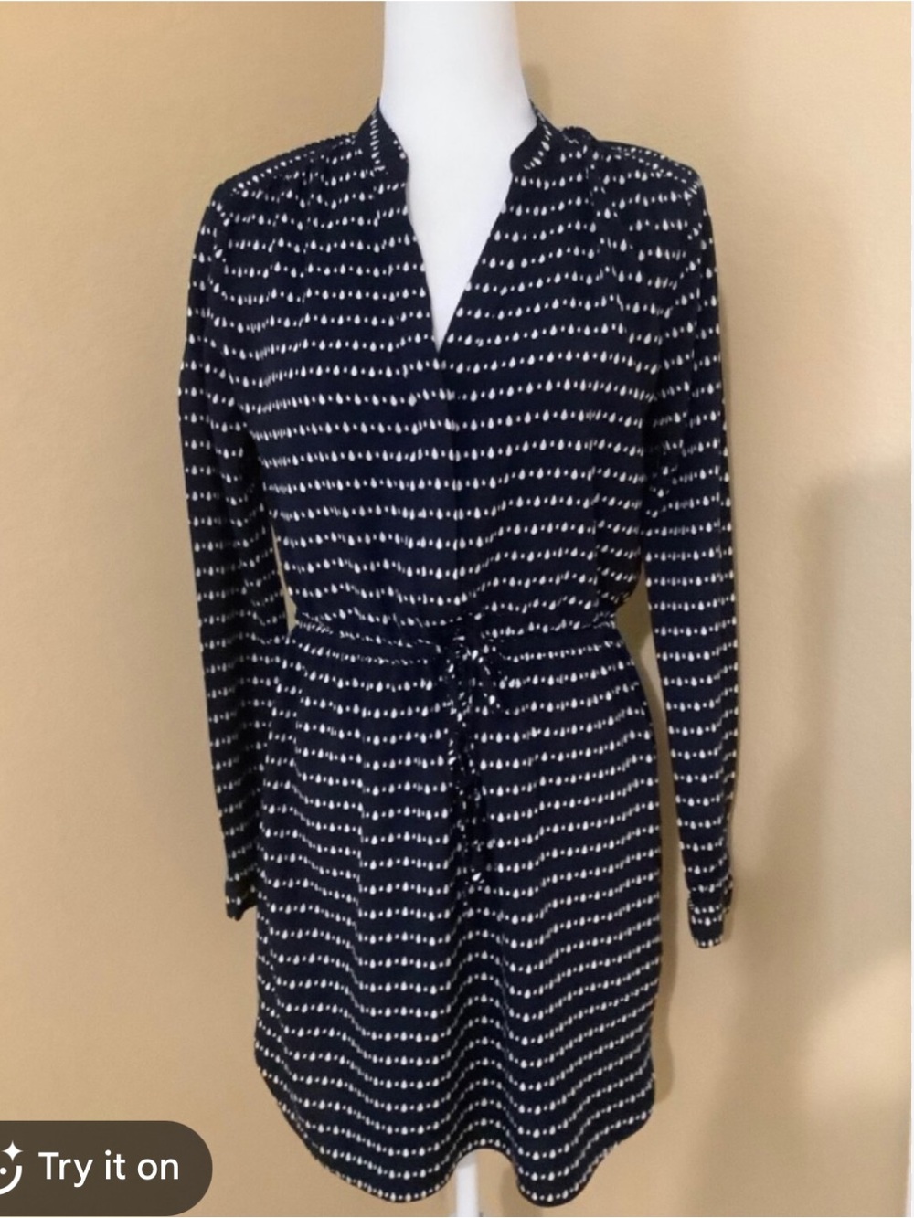 GAP Navy and White Long-Sleeve Patterned Dress